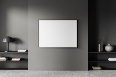 Dark gallery room interior with empty white poster on grey wall with bookshelves, books, crockery, concrete floor. Concept of spacious place for creative idea and art exhibition. Mock up. 3d rendering