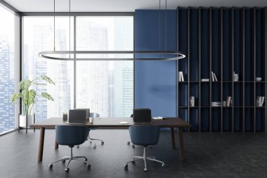 Front view on dark office room interior with computers, desks, armchairs, panoramic window with Singapore view, bookshelf, concrete floor. Concept of company, firm, workspace. 3d rendering