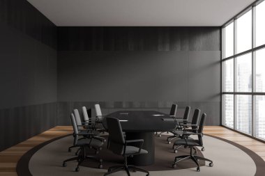 Dark office interior with board and laptop, armchairs on carpet, hardwood floor. Meeting corner with panoramic window on skyscrapers. Copy space wall. 3D rendering