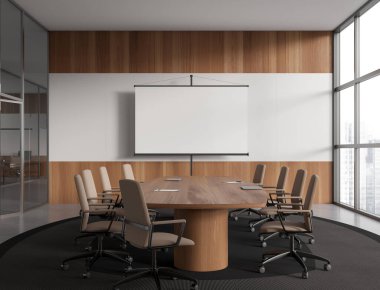 Stylish business room interior with conference board, mock up copy space blank project screen on stand. Panoramic window on skyscrapers. 3D rendering