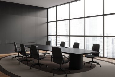 Modern office interior with board and armchairs on carpet, hardwood floor. Meeting corner with laptop, panoramic window on city view. 3D rendering