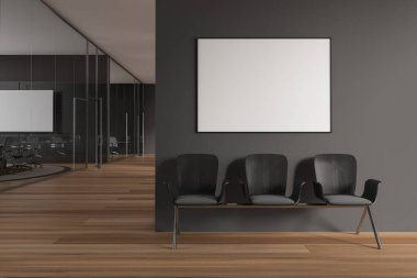Dark business room interior with waiting area and mock up canvas poster. Conference room behind glass doors with mockup blank project screen. 3D rendering