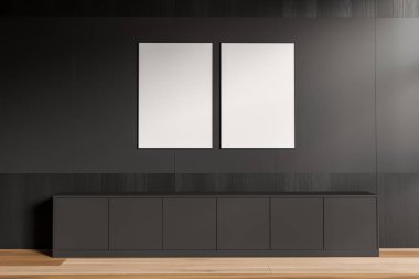Front view on dark gallery room interior with two empty white posters, grey wall, wooden floor. Concept of minimalist design. Place for meeting and exhibition. Mock up. 3d rendering