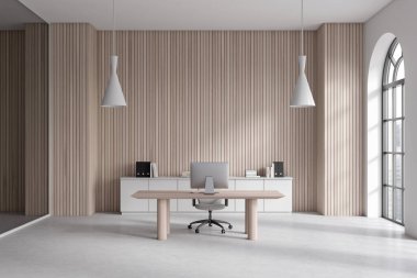 Modern business interior with pc computer on work desk, light concrete floor. Ceo work space and panoramic arched window on city view. 3D rendering
