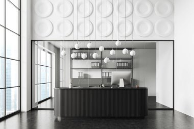 Front view on bright office room interior with meeting board, reception with desktop, armchairs, panoramic window with Singapore view, concrete floor. Concept of conference hall. 3d rendering