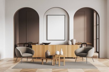 Beige living room interior with armchairs, wooden cabinet and mock up canvas poster. Dining area on background behind arch wall partition. 3D rendering