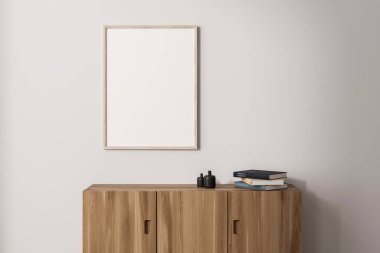 White living room interior with wooden sideboard and minimal art decoration. Gallery room with mock up canvas poster. 3D rendering