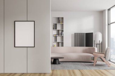 Luxury chill interior with sofa and armchair on carpet, shelf with books and decoration. Panoramic window on city view. Mockup canvas poster on partition. 3D rendering