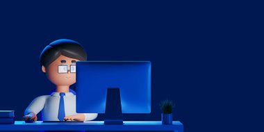 3d rendering. Cartoon character man working at night, desk with with pc computer and empty copy space dark blue background. Concept of office work illustration