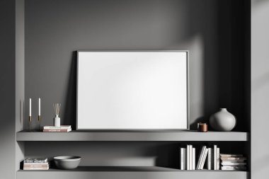 Dark living room interior with shelf. Minimalist decoration, books and vase with candles. Mock up canvas poster. 3D rendering