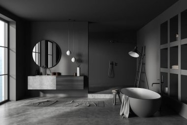 Dark bathroom interior with bathtub and sink with shower, towel rail ladder on grey concrete floor. Panoramic window on countryside. 3D rendering