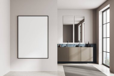 Front view on bright bathroom interior with empty white canvas, panoramic window, two mirrors, double sink, carpet, concrete floor, white walls. Concept of water treatment. Mock up. 3d rendering