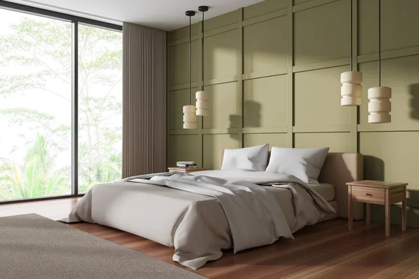 Dormitorio Verde Cama Interior Mesitas Noche Con Decoración Vista Lateral — Foto de Stock