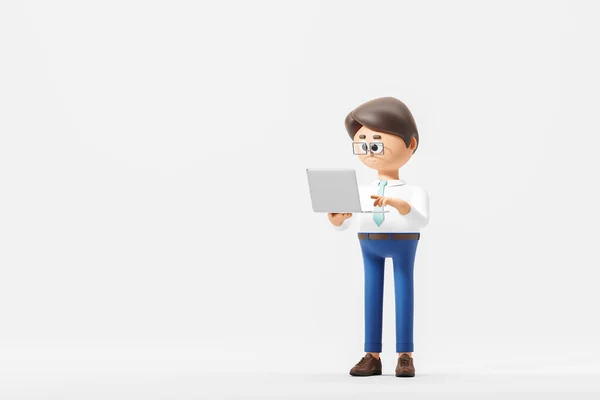 Rendering Cartoon Character Man Working Laptop Empty Copy Space Background — Stockfoto