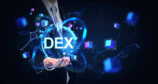 Businessman Hand Decentralized Exchange Dex Hologram Earth Sphere Data Blocks — Stock fotografie