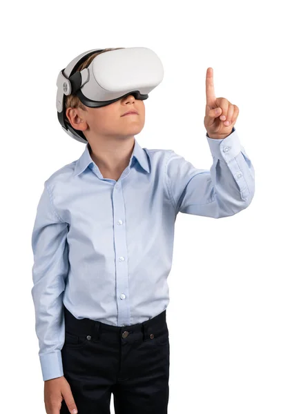 Child Boy Portrait Wearing Glasses Headset Finger Touching Something Isolated — Stock Photo, Image