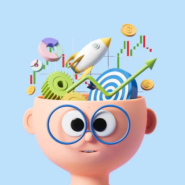 Cartoon man head with big business data analysis and forex statistics, startup and financial goals. Concept of analyst and trader. 3D rendering