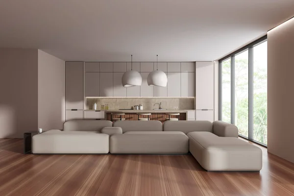 Modern Studio Interior Sofa Bar Island Seats Hardwood Floor Cooking — Stock Fotó