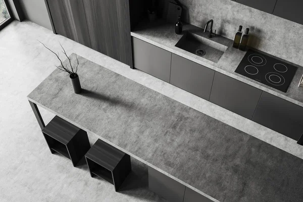 콘크리트 현대식 내부의 요리와 싱크대에 어두운 의자와 카운터가 렌더링 — 스톡 사진
