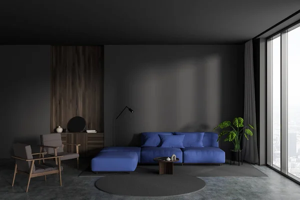 Front view on dark living room interior with grey wall, couch, armchair, coffee table, concrete floor, panoramic window, sideboard. Concept of minimalist design. Place for meeting. 3d rendering