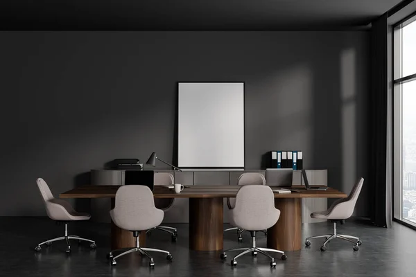 Dark conference interior with board and armchairs. Office workspace with laptop and panoramic window on skyscrapers. Mockup canvas poster. 3D rendering