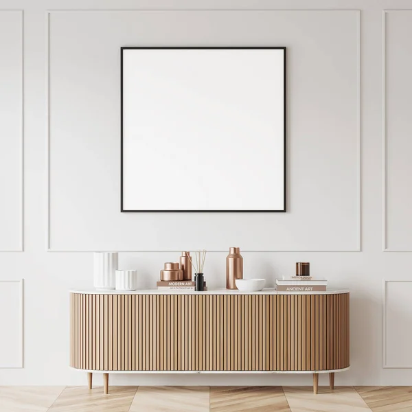 Beyaz Oturma Odasının Içinde Ahşap Şifonyer Modern Sanat Dekorasyonu Ahşap — Stok fotoğraf