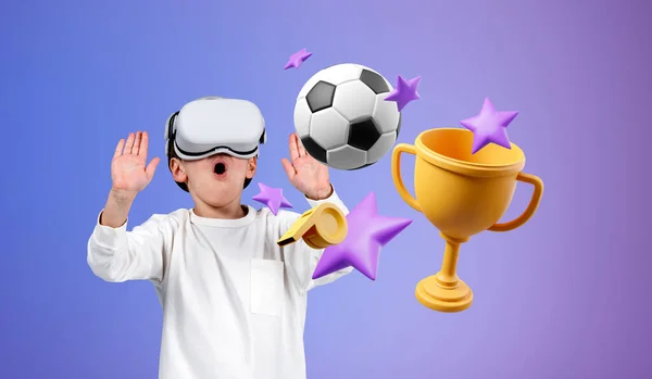 Emotional child boy playing video games in VR glasses, hands touching football, champion cup and star on gradient background. Concept of simulators and video games