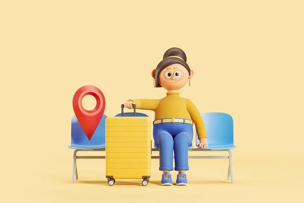 Cartoon woman with suitcase in airport waiting area, red geo tag and yellow background. Concept of check in, tourism and destination. 3D rendering