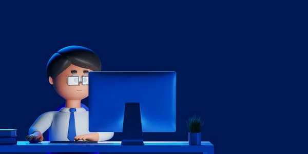 3d rendering. Cartoon character man working at night, desk with with pc computer and empty copy space dark blue background. Concept of office work illustration