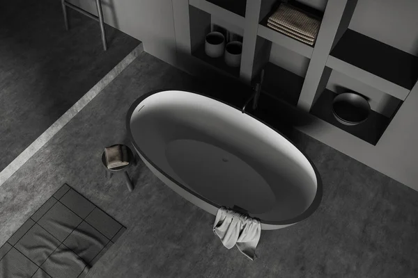 Top View Dark Bathroom Interior Bathtub Carpet Grey Concrete Floor — Stock Photo, Image