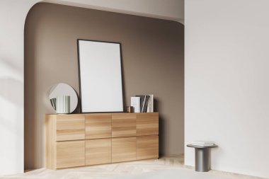 Corner of modern living room with white and beige walls, wooden floor, wooden cabinet with vertical mock up poster standing on it and round mirror. 3d rendering