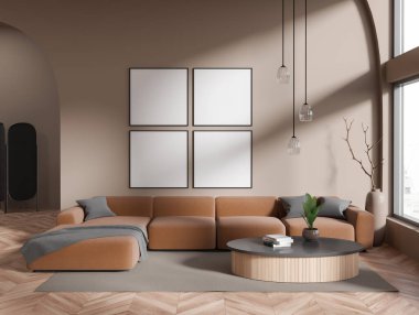 Four square mock up posters hanging in modern living room with beige walls, wooden floor, big comfortable brown sofa and round coffee table. 3d rendering