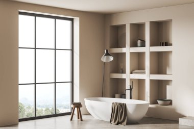 Corner of modern bathroom with white walls, concrete floor, comfortable white bathtub, shelves for towels and window with blurry mountain view. 3d rendering