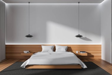 Interior of modern master bedroom with white and wooden walls, light wooden floor and comfortable king size bed standing on gray carpet. 3d rendering