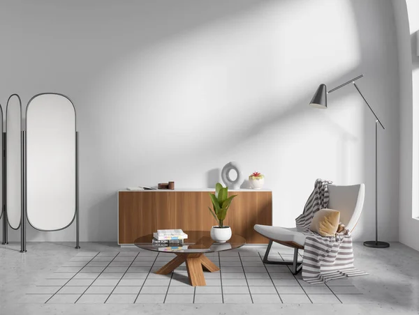 Interior Modern Minimalistic Living Room White Walls Concrete Floor Comfortable — Stock Photo, Image