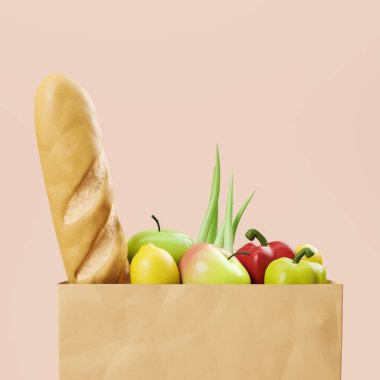 Taze yiyecekli market poşeti, bej arka planda vejetaryen ürünlerle dolu kağıt poşet. Sağlıklı beslenme kavramı. Uzayı kopyala 3B görüntüleme