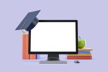 Masaüstü bilgisayar boş görüntüsü, mor arka planda mezuniyet şapkası olan kitaplar ve elma. İnternet kursları ve e-öğrenme kavramı. 3B görüntüleme