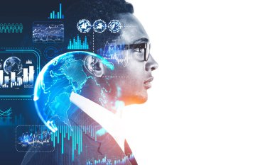 Afrikalı iş adamı portresi profili, ön planda simgeler, diyagramlar ve dijital simgelerle çifte pozlama. Finans ve danışmanlık kavramı. Boşluğu kopyala