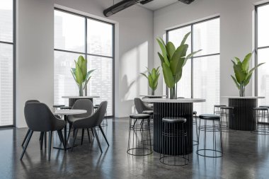 Koltukları, masaları, bar sandalyeleri, yan manzarası olan bir kafe. Koyu gri beton zeminde restoran yemek köşesi. Singapur şehir manzarasında panoramik pencere. 3B görüntüleme