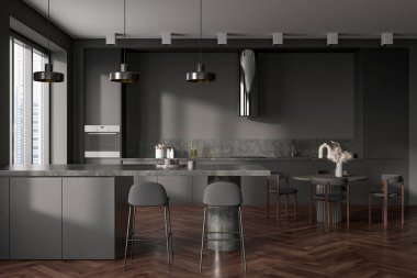 Bar adası, sandalyeler, yemek masası ve mutfak aletleriyle dolu karanlık bir mutfak. Singapur şehir manzarasında panoramik pencere. Ahşap zemini olan şık bir yemek alanı. 3B görüntüleme