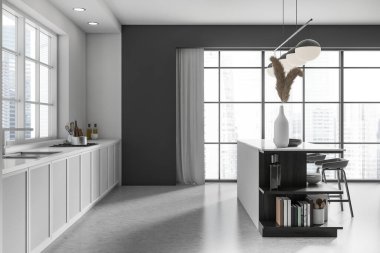 Beyaz mutfak içi, bar sandalyeleri ve tezgahı, yan görünüş, gri beton zemin. Dekorasyonlu mutfak eşyaları. Şehir manzarası panoramik pencereli yemek pişirme alanı. 3B görüntüleme