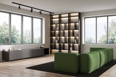 Kanepe, yan görüş, süslemeli çekmece ve ahşap döşemeli raflı lüks bir salon. Kırsal alanda panoramik pencere. 3B görüntüleme