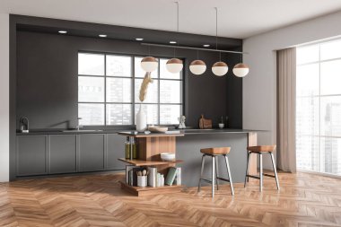 Ahşap mutfak, bar sandalyeleri, tezgah, yan görüş, ahşap zemin. Dekorasyonlu mutfak eşyaları. Şehir manzaralı panoramik pencereli yemek pişirme alanı. 3B görüntüleme