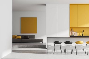 Beyaz stüdyo iç mekanı, podyumunda resim posteri, bar sandalyeleri ve açık beton zeminde tezgahı olan kanepe. Modern mobilyalarla soğutma alanı ve pişirme alanı, 3 boyutlu görüntüleme