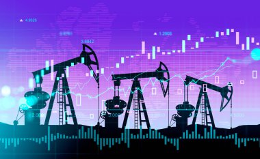 Petrol ve borsa ocağı, rakamlar ve şamdanlarla ön cephe. Haritası ve analizi olan mali veriler. Madencilik kavramı