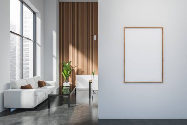 Consulting room interior with sofa and coffee table, lounge zone with work desk on beige concrete floor. Panoramic window on Singapore city view. Mockup canvas poster. 3D rendering