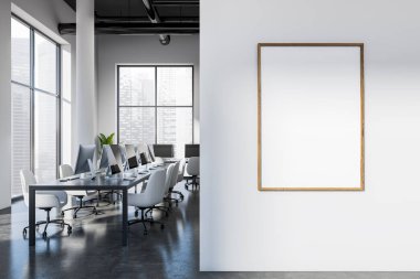 White coworking interior with armchairs, pc computer on desk, dark concrete floor. Open space office with panoramic window on Singapore city view. Mockup poster. 3D rendering