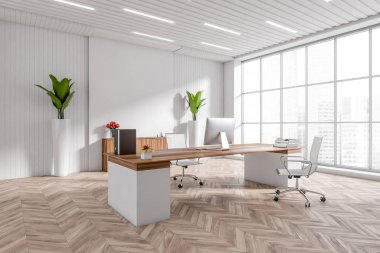 Beyaz ofis içi bilgisayar, yan görüş, çalışma masası ve koltuklar parke zeminde. Kitaplarla, dekorasyonla, bitki örtüsüyle. Singapur şehir manzarasında panoramik pencere. 3B görüntüleme