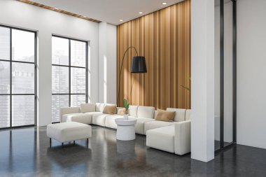 Beyaz oturma odasının içi kanepe, yan manzara, kahve masası ve gri beton zeminde puf. Singapur şehir manzarası panoramik pencereli şık bir salon. 3B görüntüleme