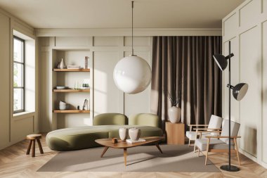 Bej oturma odasının içinde kanepe ve iki koltuk, tropik bölgelerde panoramik pencere. Kahve masası, süslemeli raf, ahşap döşemeli halı. 3B görüntüleme